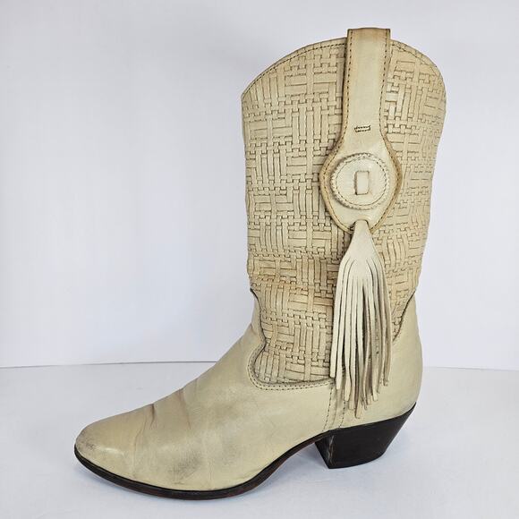 VINTAGE Cream‎ Leather Laredo Basket Weave Pattern Cowgirl Boots Size 6.5M